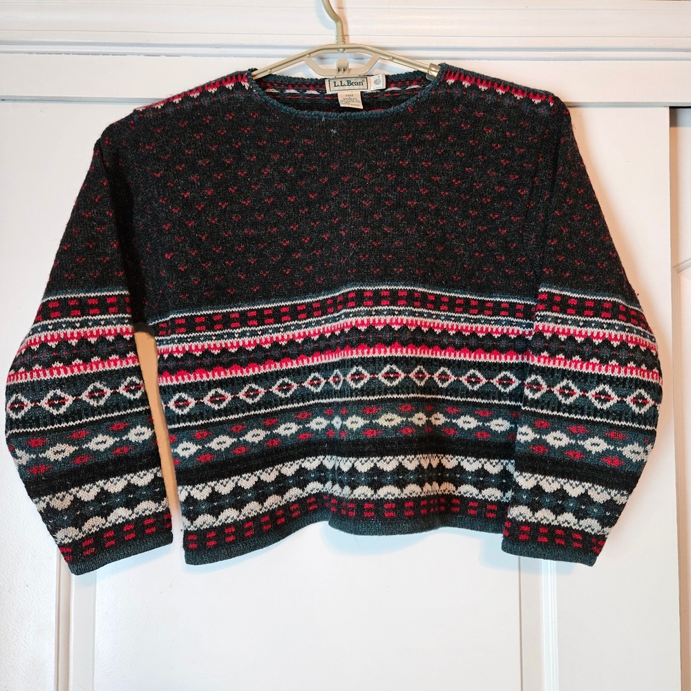 Vintage LL Bean Fair Isle Sweater Womens Large Shetland Wool Green Red Nordic